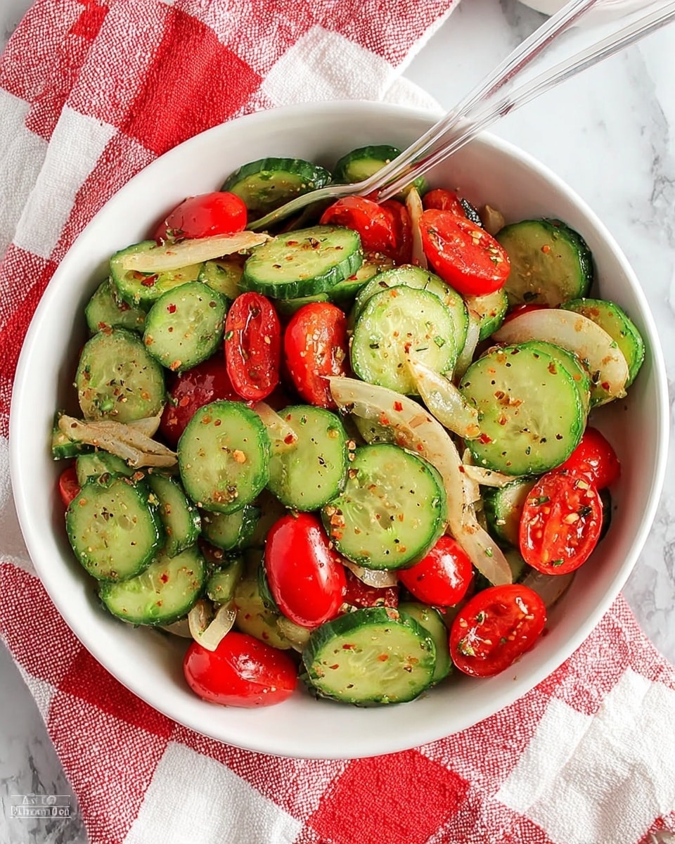 A white bowl filled with a fresh salad layered with round, green cucumber slices with visible seeds and shiny skin as the base, mixed with bright red cherry tomato halves scattered evenly throughout, and thin, light beige strips of onion layered on top. The salad is seasoned with small dark spices visible on the vegetables, giving texture contrast. The bowl sits on a white marbled surface with a red and white checkered cloth nearby, and a clear fork placed inside the bowl. Photo taken with an iphone --ar 4:5 --v 7