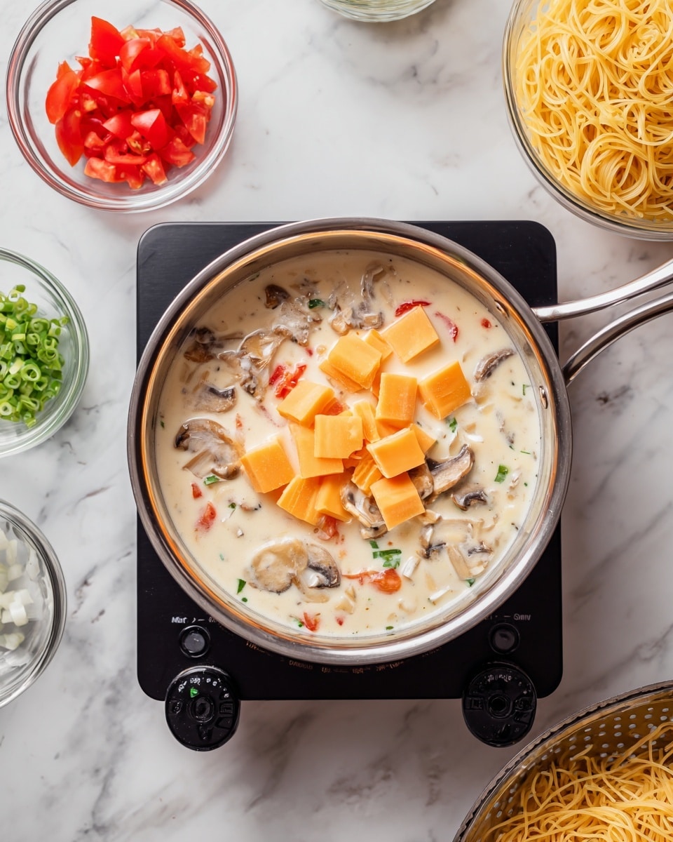 A top-down view shows a small stainless steel pan on a black electric cooker, filled with a creamy white sauce with mushroom bits, topped with several large orange cheese cubes melting on the surface. To the left, a small clear glass bowl holds bright red chopped tomatoes, and above it, another small clear glass bowl contains thinly sliced light green spring onions. On the right, part of a white colander holding cooked yellow spaghetti is visible. All items are placed on a white marbled surface. Photo taken with an iphone --ar 4:5 --v 7