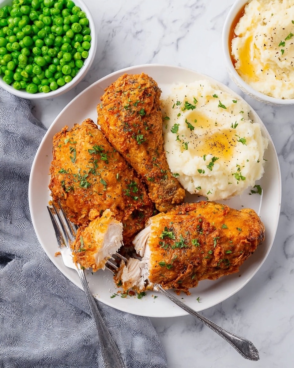 A white plate with three pieces of golden brown fried chicken sprinkled with green herbs is placed on a white marbled surface. One piece has a slice taken off, showing the cooked white meat inside, held by a silver fork on the left side of the plate. Next to the plate, there are two white bowls, one filled with smooth mashed potatoes topped with melted butter and black pepper, and the other filled with bright green peas. A grey cloth is partially visible under the left side of the plate. Photo taken with an iphone --ar 4:5 --v 7