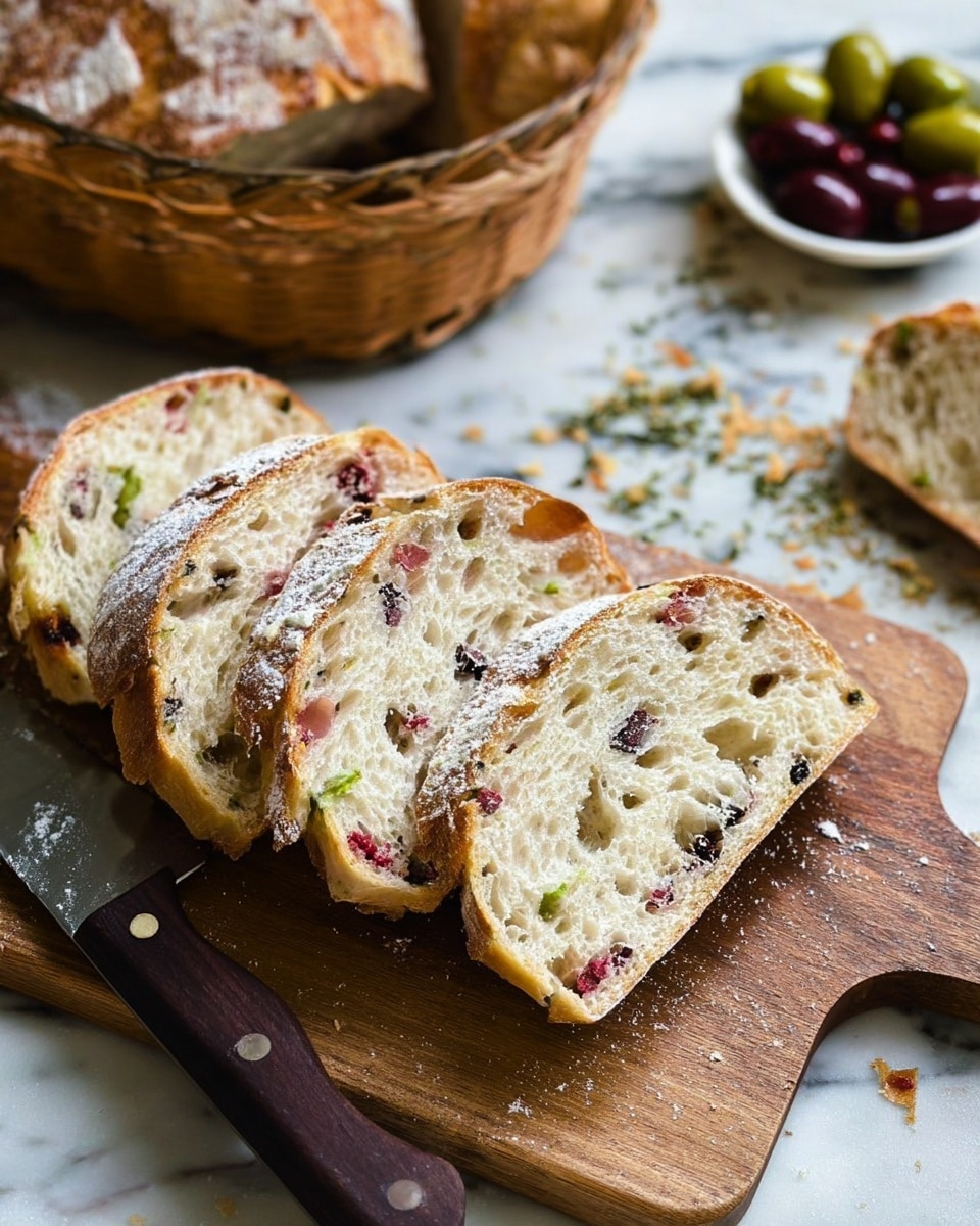 The image shows five slices of bread arranged in a neat line on a wooden cutting board with a dark-handled knife next to them. The bread slices have a golden crispy crust with a dusting of flour and an airy, soft inside with visible pieces of green, black, and red olives mixed in. In the background, there is a basket with more bread and a small white bowl with a mix of green and dark olives placed on a white marbled surface, scattered with some herbs and crumbs. The photo taken with an iphone --ar 4:5 --v 7