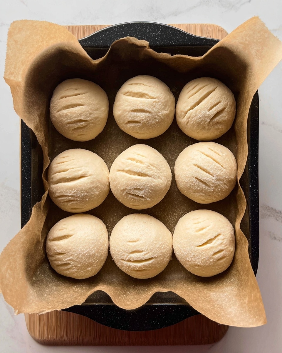 Eight round dough balls with a light beige color are arranged in a black baking pan lined with brown parchment paper. Each dough ball has three shallow diagonal slits on top, showing a slightly raised, textured surface. The baking pan sits on a wooden board, all placed on a white marbled surface. The dough balls are evenly spaced in two rows, showing a soft, smooth texture before baking. Photo taken with an iphone --ar 4:5 --v 7