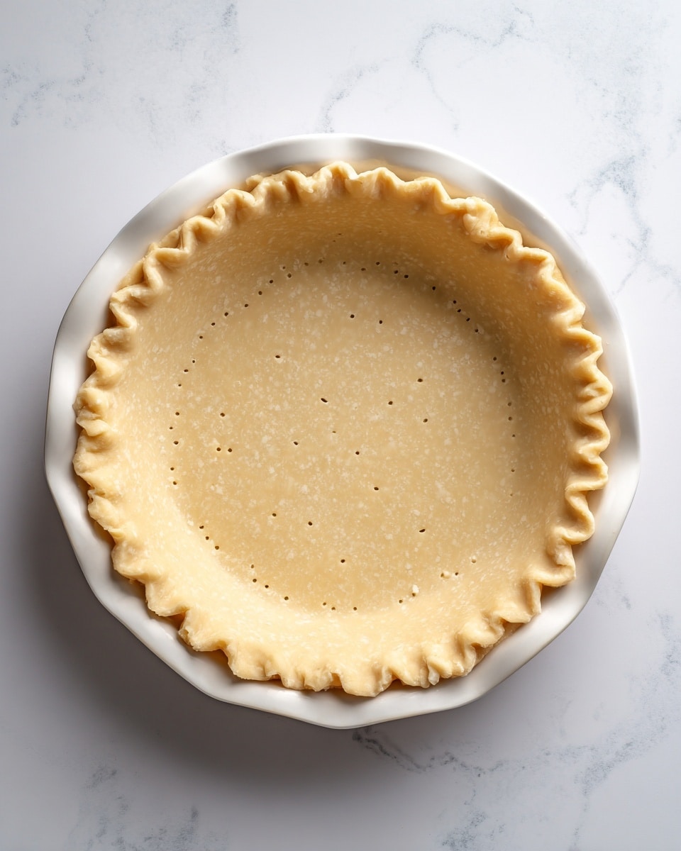 The image shows a single layer of a light beige pie crust with a slightly golden edge, neatly crimped around the rim. The crust has small, evenly spaced holes on the bottom, indicating it has been pricked all over. It is placed inside a white pie dish with a smooth, shiny texture. The dish sits on a flat surface with a white marbled background, giving a clean and simple look. The crust looks firm but soft, ready to be filled. photo taken with an iphone --ar 4:5 --v 7