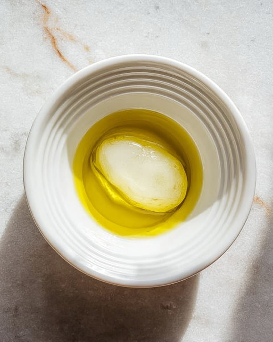 A white ceramic bowl with circular ridges holds a layer of clear yellow olive oil at the bottom. Floating in the oil is a semi-transparent white piece of ice shaped like an elongated blob with smooth edges. The bowl sits on a white marbled surface with soft gray veins running through it. The lighting is natural, giving the oil a slight shine and highlighting the texture of the ice. photo taken with an iphone --ar 4:5 --v 7