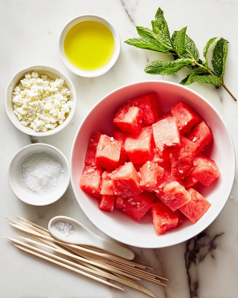 The image shows a white bowl filled with bright red watermelon cubes that have a juicy texture, placed on a white marbled surface. Around the bowl, there are three small white ramekins, one with crumbled white feta cheese, another with yellow olive oil, and the third with clear liquid. A small white ceramic spoon with coarse salt is positioned next to fresh green mint leaves. Several wooden skewers with white tips lie near the bowl, all arranged neatly on the white marbled background. Photo taken with an iphone --ar 4:5 --v 7