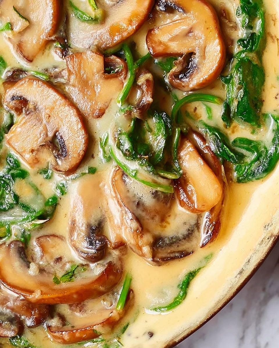 A close-up view of a creamy dish with soft beige-brown mushroom slices scattered throughout a thick, pale yellow sauce, with a smooth and slightly shiny texture. Bright green spinach leaves are mixed in, adding contrast and freshness. The mushrooms have a slightly cooked, tender look with curved shapes and browned edges. The sauce looks rich and envelops the mushrooms and spinach gently. The whole scene is set on a white marbled surface. photo taken with an iphone --ar 4:5 --v 7