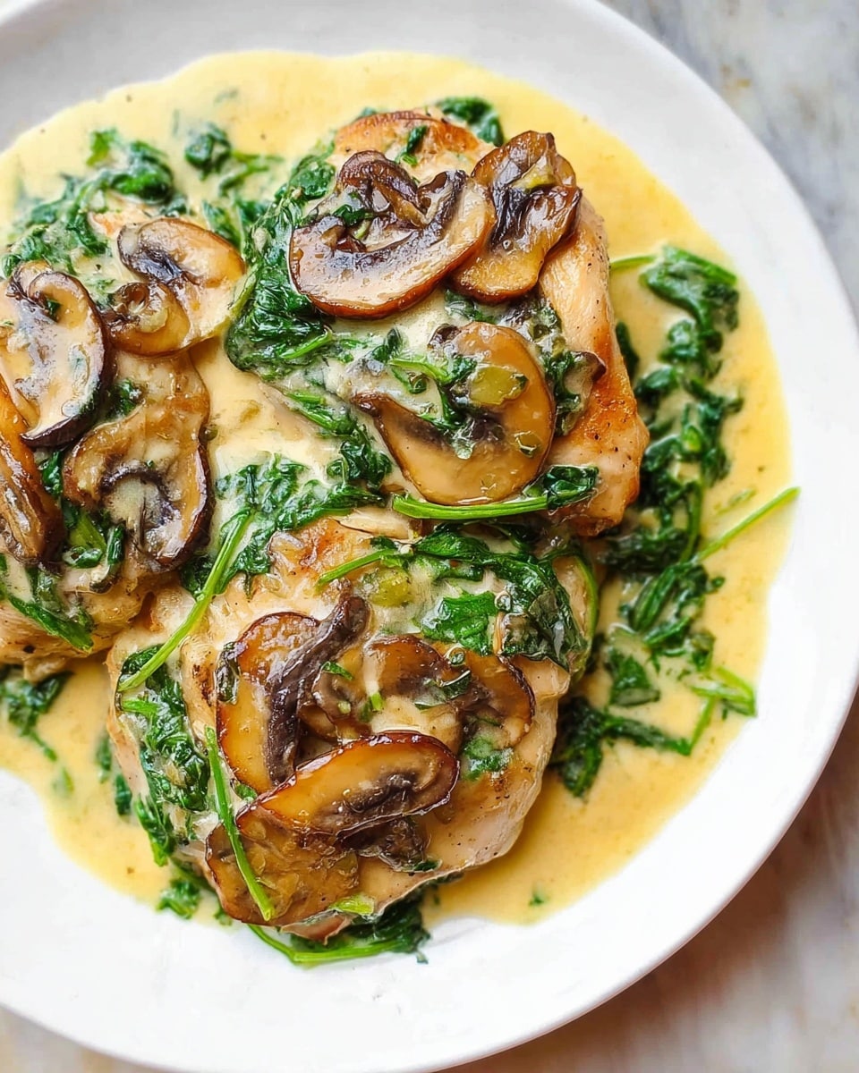 A white plate holds a dish with two main pieces of light brown cooked chicken, each topped with several slices of browned shiitake mushrooms that have a slightly glossy texture. Bright green spinach leaves are mixed throughout, covered in a creamy pale yellow sauce that spreads across the plate, pooling slightly around the chicken. The sauce looks rich and smooth, blending well with the chicken and vegetables. The background is a white marbled surface. Photo taken with an iphone --ar 4:5 --v 7
