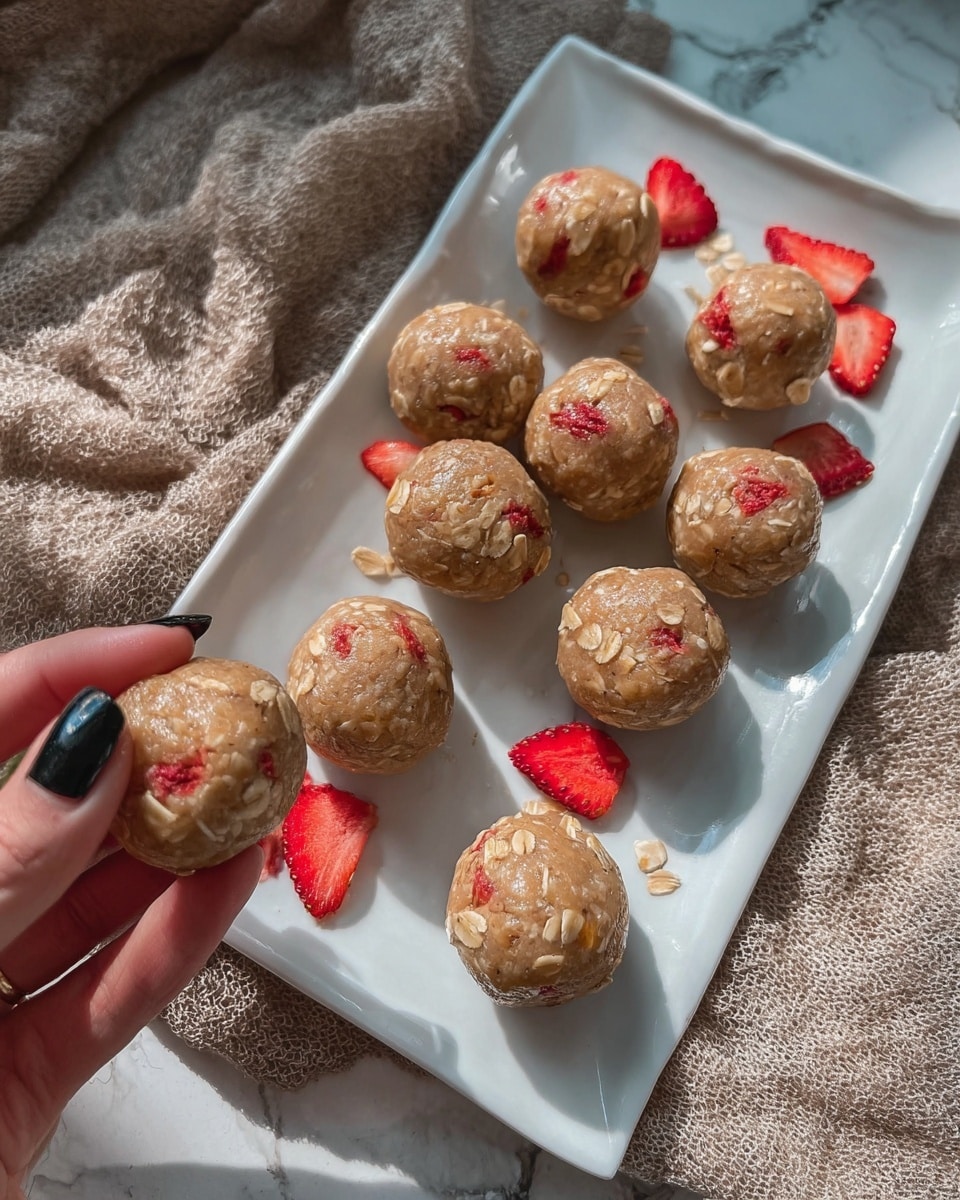 A white rectangular plate with small round energy balls, each light brown with visible oat flakes and red strawberry pieces inside. The balls are placed in two rows on the plate, with a few dried strawberry slices scattered around them. A woman's hand with black nail polish is holding one ball close to the camera. The plate sits on a textured light brown cloth and a white marbled surface. Photo taken with an iphone --ar 4:5 --v 7