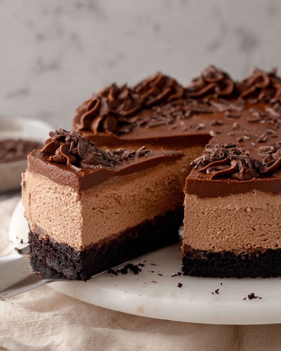 A close-up of a chocolate mousse cake with three clear layers, shown on a white plate with some crumbs around. The bottom layer is dark, crumbly, and dense like chocolate cookie crust. The middle layer is thick, light brown, and fluffy with a smooth mousse texture. The top layer is a darker chocolate ganache spread thickly with curvy, creamy swirls and small chocolate shavings scattered on top. A slice of the cake is lifted, showing the creamy layers cleanly separated. The background and surface are white marbled texture. photo taken with an iphone --ar 4:5 --v 7