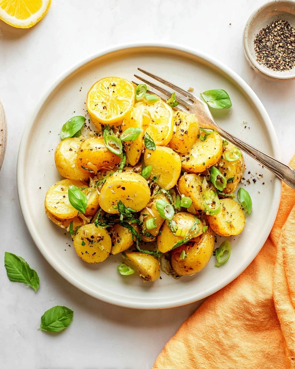 A white plate holds a dish of small golden yellow potato halves, each coated lightly with herbs and visible small green leaves scattered evenly. On top of the potatoes, there are thin slices of bright yellow lemon wedges, fresh green basil leaves, and chopped green onions sprinkled all over. Black pepper and small bits of minced garlic add texture and color contrast on the potatoes. A silver fork rests on the edge of the plate, with part of the handle extending out. The scene is set on a white marbled surface with a light orange cloth beside the plate and a small bowl of black pepper nearby. photo taken with an iphone --ar 4:5 --v 7