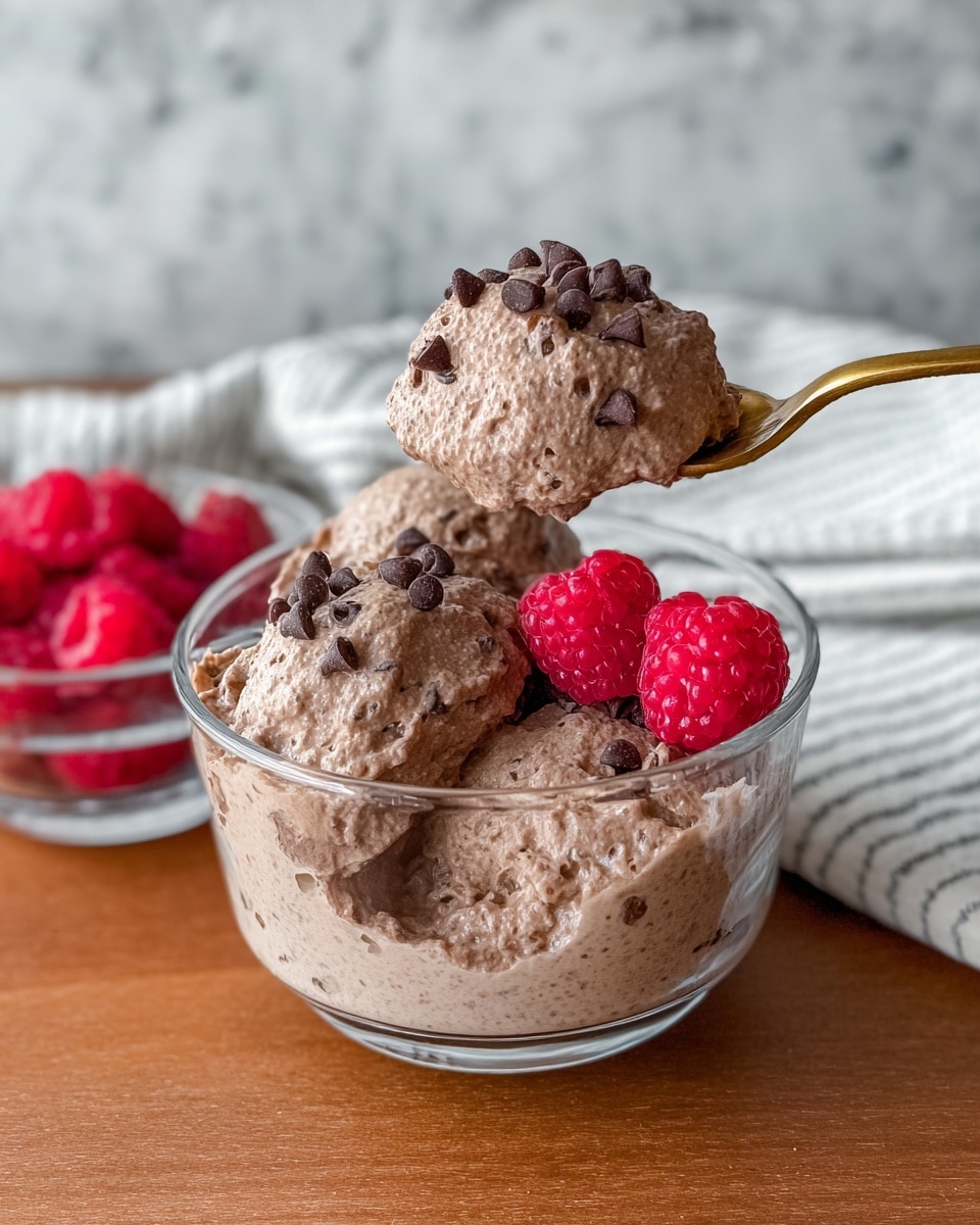 A clear glass bowl filled with three big scoops of light brown chocolate chia pudding, with small dark brown chocolate chips sprinkled on top. Three bright red raspberries sit on the right side inside the bowl. A golden spoon lifts a scoop of the pudding with chocolate chips visible on it. The bowl is placed on a wooden surface with a white marbled texture background, and a white cloth with thin dark stripes is in the background along with a small glass bowl filled with raspberries. Photo taken with an iphone --ar 4:5 --v 7