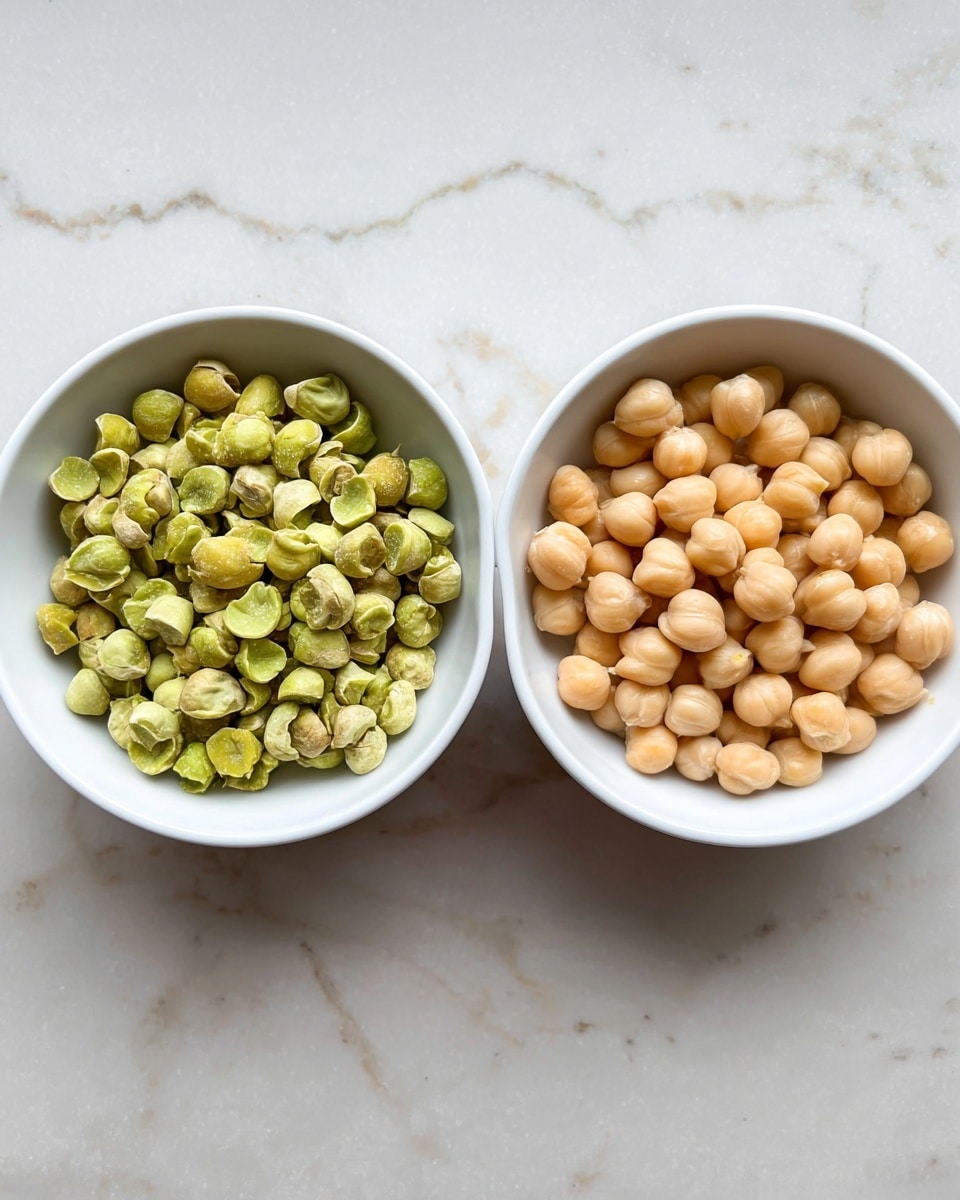 The image shows two white bowls placed side by side on a white marbled surface. The bowl on the left contains light green, peeled split peas with a slightly rough texture. The bowl on the right holds smooth, round, light beige chickpeas. Both bowls are filled evenly and are clear and simple, with no extra decoration. Photo taken with an iphone --ar 4:5 --v 7