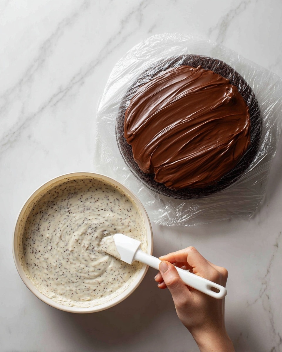 The image shows two steps of making a layered dessert. On the left side is a white round bowl covered with clear plastic wrap, filled with a creamy white mixture containing small dark specks, with a white spatula resting on top. On the right side is a dark brown round cake layer placed on clear plastic wrap on a white marbled surface. A woman's hand is spreading a thick, smooth dark chocolate layer on top of the cake with an offset spatula, creating a shiny, even coating over the cake's surface. photo taken with an iphone --ar 4:5 --v 7
