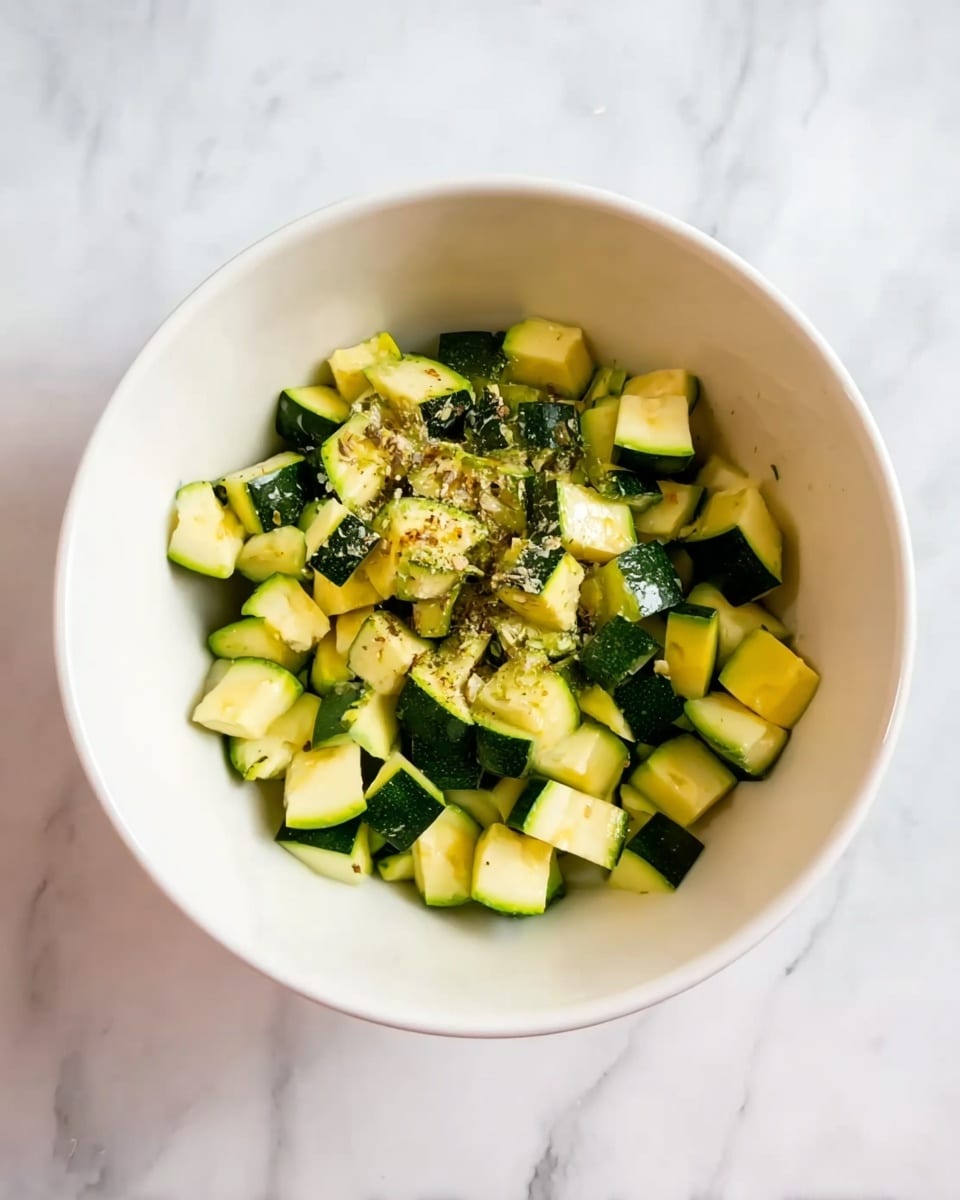 The image shows a white bowl placed on a white marbled surface, filled with chopped green zucchini pieces. The zucchini pieces are cut into small, chunky cubes, with the green skin clearly visible around the edges and light yellow flesh inside. On top of the zucchini pieces, there is a sprinkle of light brown and green dried herbs and spices. The overall presentation is clean and fresh, with the simple colors of green, yellow, and light brown standing out against the plain white bowl and white marbled background. Photo taken with an iphone --ar 4:5 --v 7