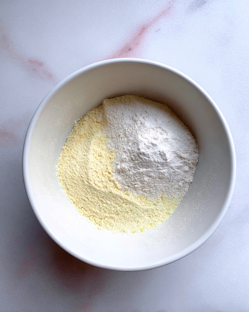 A white bowl filled with two types of powder layered inside: the bottom layer is pale yellow with a grainy texture, and the top layer is white and fine, sitting mostly on the right side of the bowl. The bowl is placed on a white marbled surface with subtle pink and gray veins visible. photo taken with an iphone --ar 4:5 --v 7