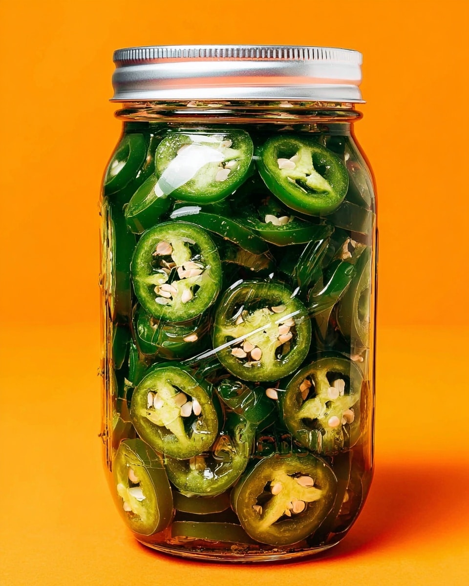 A clear glass mason jar filled with many green sliced jalapeños submerged in a clear pickling liquid, showing white seeds clearly inside the slices. The jar is on a soft peach-colored surface with a white marbled texture in the background. To the right of the jar, there are some halved jalapeños lying on the surface. In the front left part of the image, a whole jalapeño is placed with a small part blurred. The scene is bright and clean with soft natural light, photo taken with an iphone --ar 4:5 --v 7