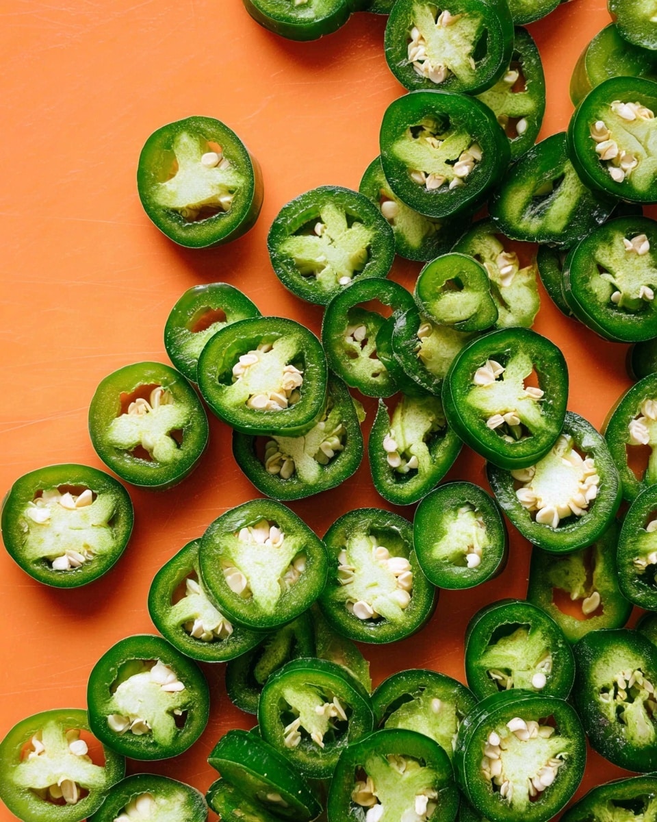 A close-up view of many round green slices of jalapeño peppers scattered loosely across a flat surface. Each slice shows a dark green outer skin with a shiny texture and a lighter green inner flesh filled with small white seeds and veins. The slices vary slightly in size, with some showing a more solid inner pattern and others having hollow centers. The background is a smooth flat surface with a bright orange color. photo taken with an iphone --ar 4:5 --v 7