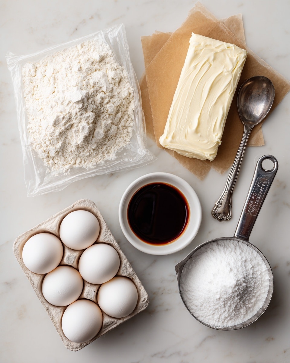 The image shows six baking ingredients neatly arranged on a white marbled surface. Starting from the top left, there is a sealed plastic bag filled with white flour, next to it is a pale yellow stick of butter wrapped in paper with the word