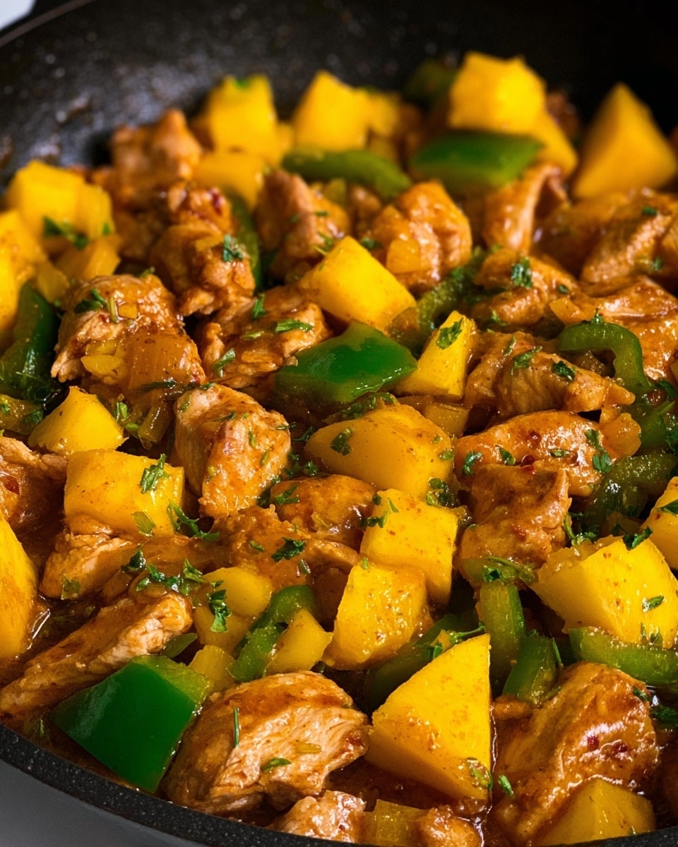 This image shows a close-up of a cooked dish in a black pan filled with three main layers of ingredients. The bottom layer is soft brown cooked pieces of chicken, slightly glossy with a light sauce. Mixed in with the chicken are vibrant yellow cubes of mango and slices of fresh green bell pepper. There are small green herbs sprinkled over the dish, adding a touch of freshness. The rich colors and textures make the dish look warm and tasty. Photo taken with an iphone --ar 4:5 --v 7