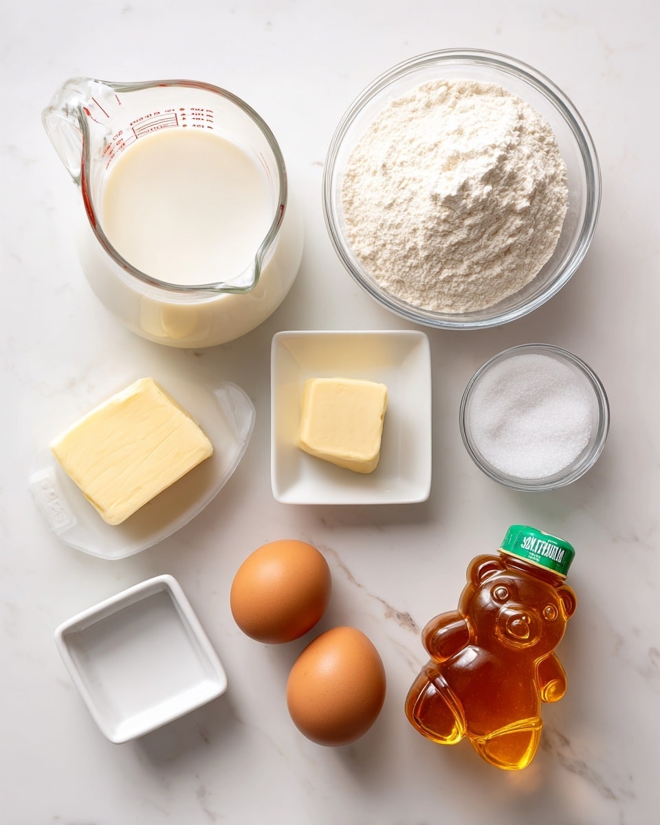 The image shows a top view of seven baking ingredients arranged neatly on a white marbled surface. On the top left is a clear glass measuring cup filled with white milk. To its right is a clear container full of white flour. Below the flour is a clear container holding white sourdough starter discard. In the middle at the bottom are two large brown eggs placed side by side. To the left of the eggs is a small square white dish with a small piece of pale yellow butter. To the right of the eggs is a plastic honey bottle shaped like a bear, filled with amber honey and topped with a green cap. Above the eggs is a small white dish labeled baking soda and salt together. Each element is clearly separated and easy to see. The photo was taken with an iphone --ar 4:5 --v 7