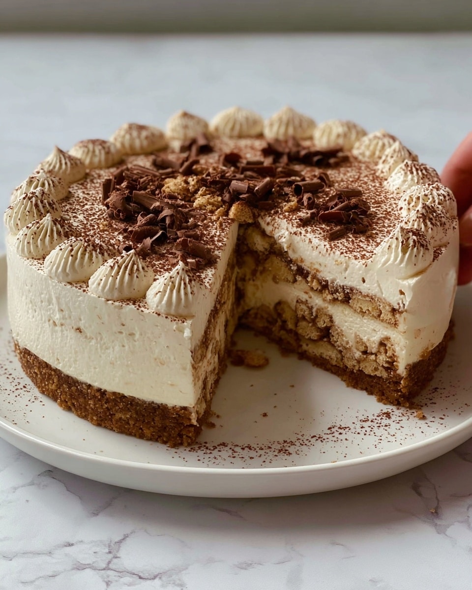 A thick round cake is placed on a white plate on a white marbled surface. The cake has about four visible layers: the bottom layer is a thick crumbly brown crust tightening the edge, above it is a smooth light cream layer, then a layer with soaked biscuit pieces creating a textured tan and cream pattern, followed by another smooth cream layer on top. The uppermost layer is thick white cream piped with swirled ridges covering the cake's surface. Dark brown cocoa powder is dusted over the cream, with small chocolate curls scattered on top. One slice is removed, showing the inside layers clearly, and a woman's hand is just touching the edge of the cake. photo taken with an iphone --ar 4:5 --v 7
