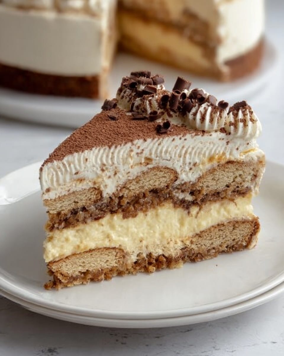 A slice of layered cake on a white plate with a white marbled background. The cake has five layers: the first layer is a light brown crumbly crust, the second layer is a thick cream filling in pale yellow, the third layer consists of two light brown biscuit pieces with visible texture, the fourth layer is another thick pale cream filling, and the fifth layer is a thick cream topping with soft waves. The top is dusted with cocoa powder and decorated with small chocolate curls scattered on the cream. The whole cake in the background is on a white plate. Photo taken with an iphone --ar 4:5 --v 7