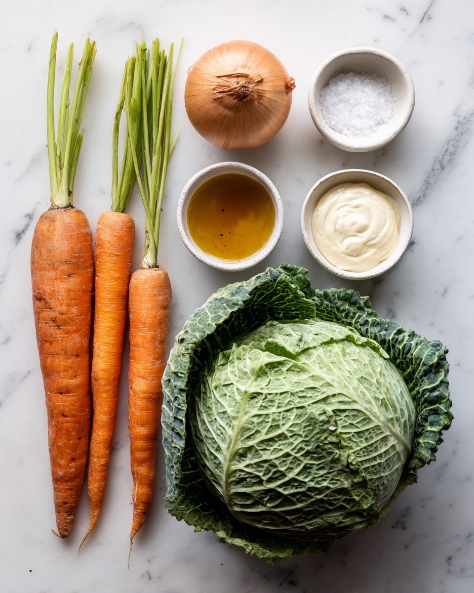 The image shows an assortment of fresh and dry ingredients arranged neatly on a white marbled surface. On the right side, there is a large green cabbage with visible textured leaves. On the left side, there are two long orange carrots with green tops and a round light brown onion. In the middle, there are five small white bowls containing different ingredients: creamy light yellow mayo, fine black pepper, amber-colored vinegar or oil, white granulated sugar, and white salt. All items are placed with clear space between them, giving a clean and organized look. Photo taken with an iphone --ar 4:5 --v 7