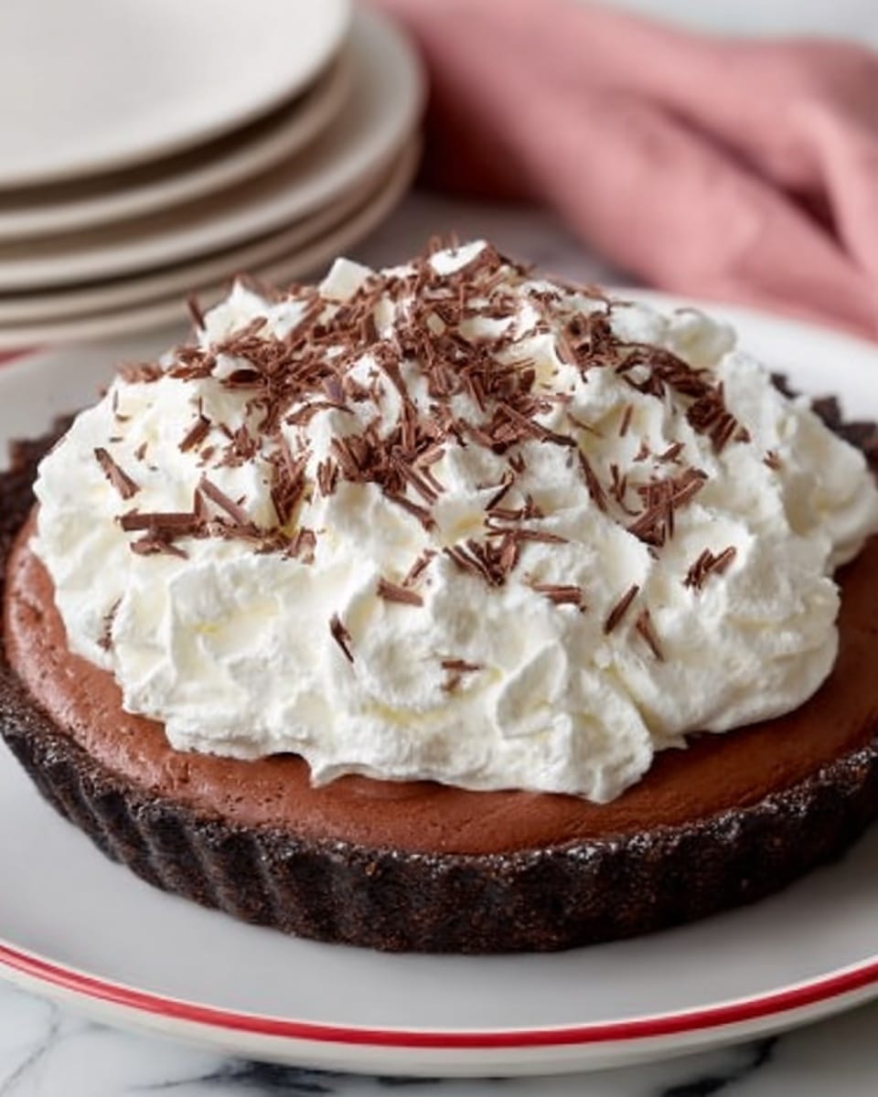 A slice of chocolate pie with three clear layers sits on a white plate with red stripes around the edge. The bottom layer is a dark, crumbly chocolate crust, the middle layer is a smooth, rich chocolate filling, and the top layer is a thick, fluffy white whipped cream covered with thin chocolate shavings. A silver fork lies beside the pie slice on the plate. The background has a soft focus showing more pie in the back with a red cloth. The surface is a white marbled texture photo taken with an iphone --ar 4:5 --v 7