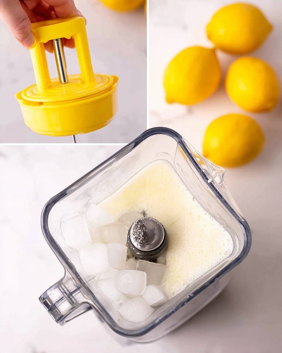 The image shows a clear blender container with three layers inside; the bottom layer is solid white ice cubes, the middle layer is a thick white liquid, and the top layer is a frothy pale yellow liquid, likely lemon juice. On the top left, a woman's hand is holding a bright yellow lemon squeezer over the blender, and in the bottom left, the clear blender container is filled with clear ice cubes and the blender blade is visible in the center. In the background, there are three whole bright yellow lemons and a white marbled surface underneath everything. photo taken with an iphone --ar 4:5 --v 7