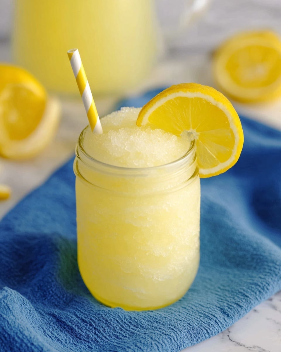 A clear glass jar filled with pale yellow slushy lemonade, topped with a frosty, smooth icy layer. On the rim of the jar is a bright yellow lemon wedge, slightly curved and fresh. A white and yellow striped paper straw stands upright from the icy top. The jar sits on a blue textured cloth against a white marbled surface, with a blurred lemon and lemonade jug in the background. Photo taken with an iphone --ar 4:5 --v 7