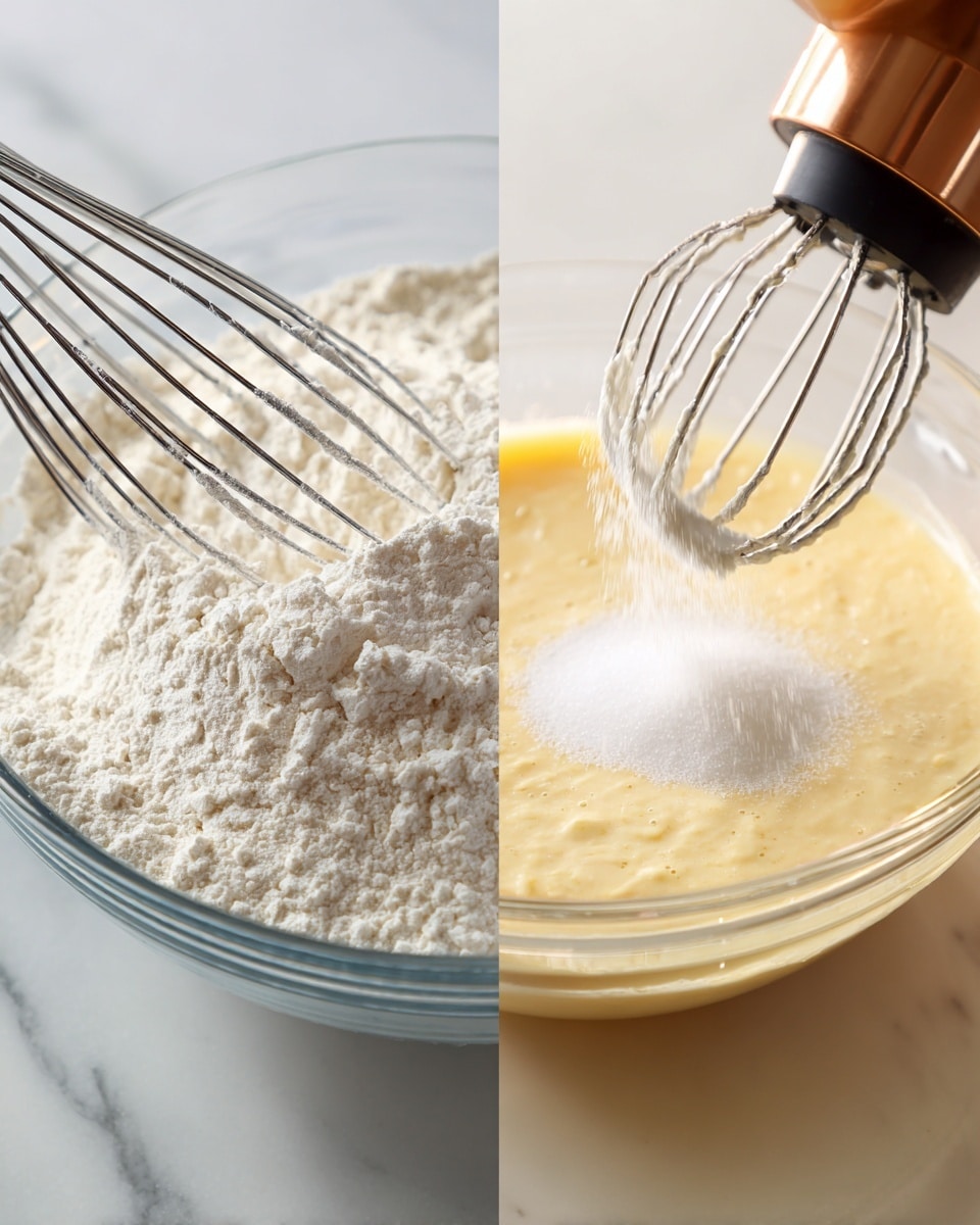 The image shows two side-by-side close-up views of baking steps on a white marbled surface. On the left side, a clear glass bowl holds white flour being whisked by a metal whisk, with a fine powdery texture filling the bowl. The right side shows a copper and black electric mixer with a whisk attachment mixing a pale yellow batter inside a clear glass bowl. White granulated sugar is being poured into the batter from above, creating a bright contrast. The scene focuses on the mixing tools and ingredients with soft natural light. Photo taken with an iphone --ar 4:5 --v 7