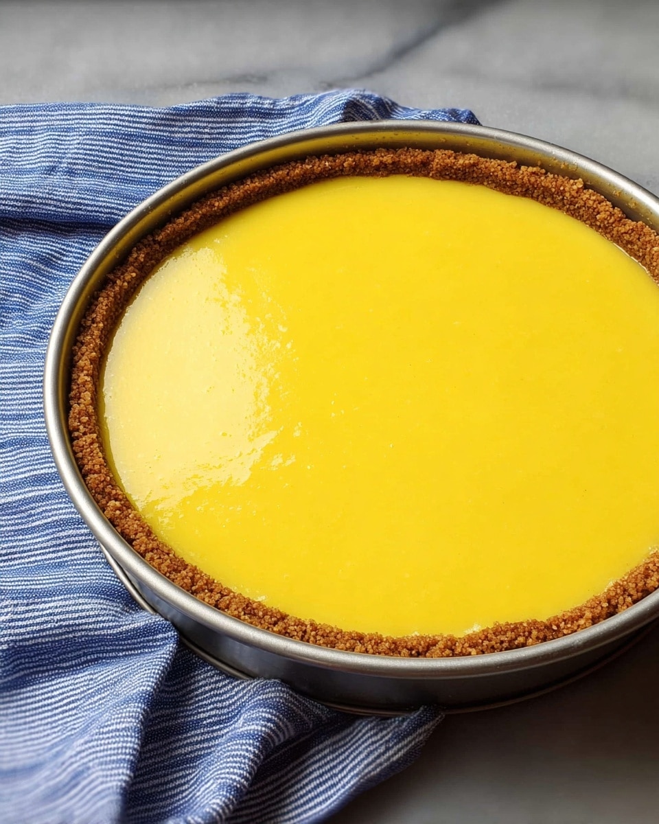 The image shows a lemon tart inside a silver round springform pan. The tart has two layers, with a thick, golden brown crumbly crust on the bottom and edges, and a smooth, bright yellow lemon filling on top. The pan rests on a white marbled surface with a blue and white striped cloth partially underneath. The lemon filling looks shiny and evenly spread, while the crust looks firm and textured. Photo taken with an iphone --ar 4:5 --v 7