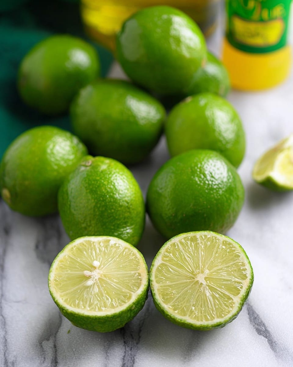 The image shows a group of fresh green limes on a white marbled surface. There are eight whole limes scattered around, each with a shiny, textured green skin. In the front, two limes are cut in half, showing their juicy, pale green inner flesh with visible segments and white seeds at the center. The background is slightly blurred, featuring yellow and green bottles. Photo taken with an iphone --ar 4:5 --v 7