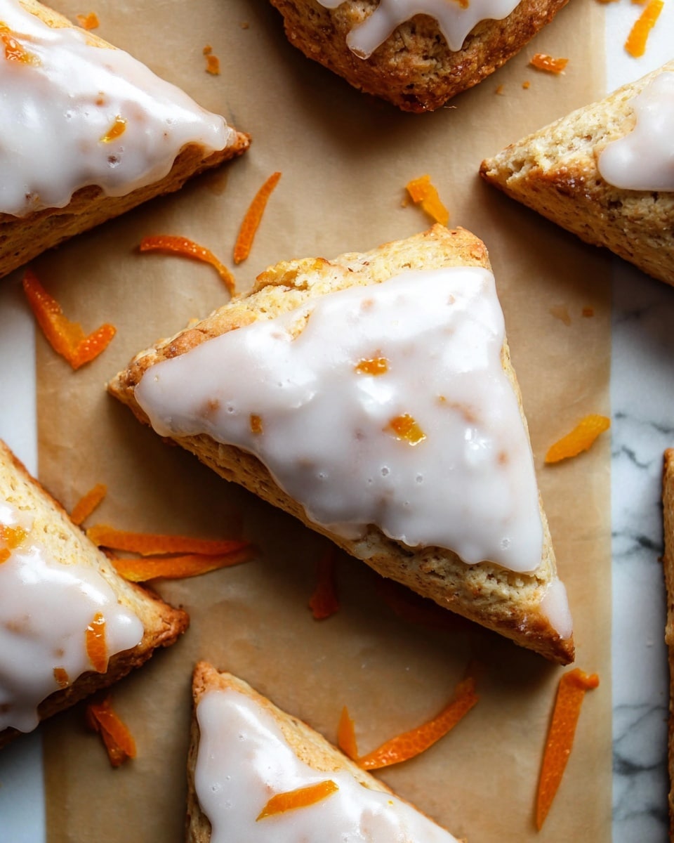 The image shows several triangular scones arranged on a sheet of parchment paper with a light brown tone. Each scone has a golden-brown baked base layer with a slightly crumbly texture visible on the edges. On top, there is a thick, smooth, white glaze layer that covers most of the scone surface unevenly, showing some small bubbles and a glossy finish. Scattered around the scones are thin strips and small pieces of bright orange carrot peel, adding a pop of color against the light brown parchment. The overall scene sits on a white marbled textured surface. photo taken with an iphone --ar 4:5 --v 7