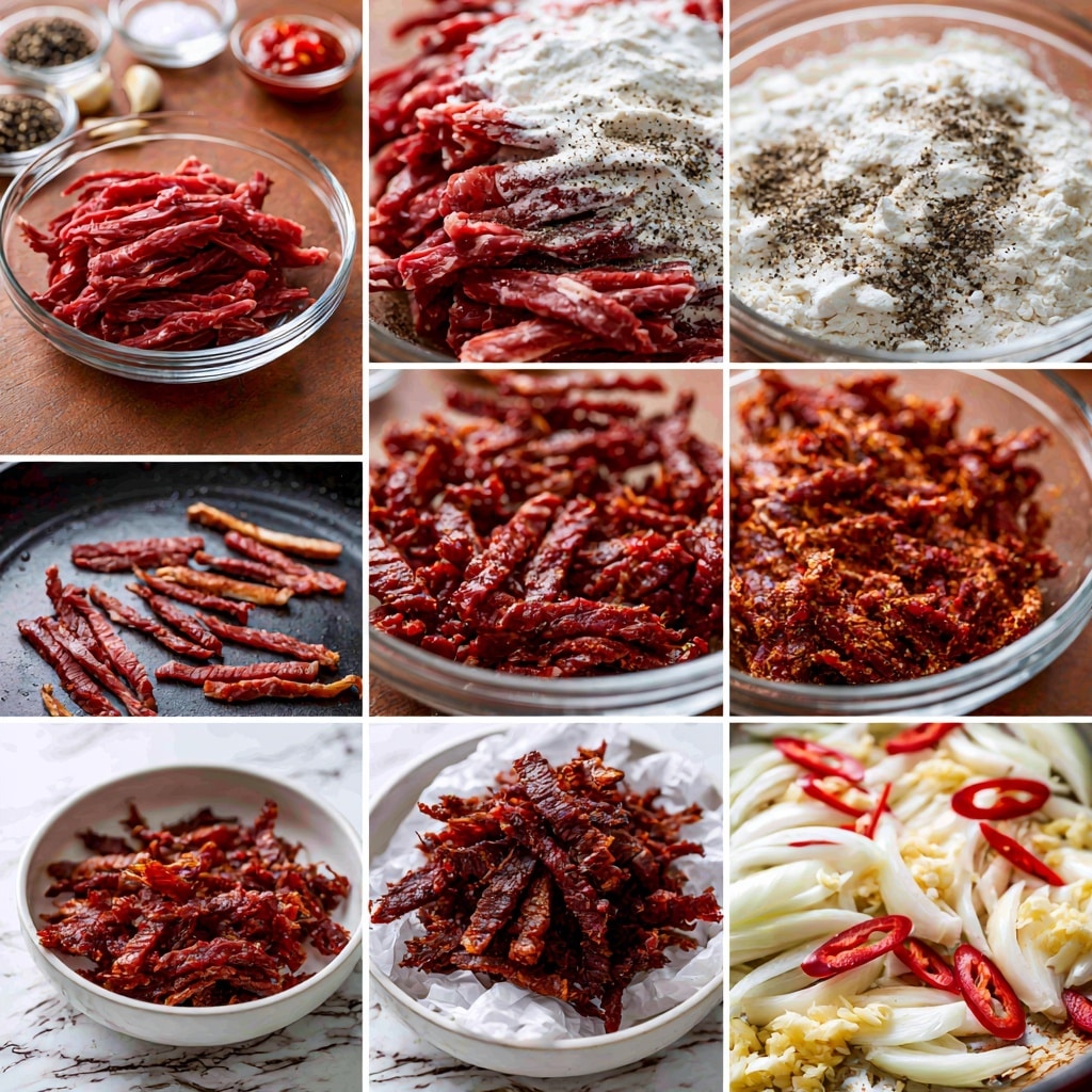 The image shows six steps of cooking a dish. In the first step, thin strips of raw red meat sit in a clear glass bowl on a brown wooden surface, surrounded by small bowls of black pepper, salt, garlic cloves, and red chili sauce. The second step is a close-up of the meat covered with white flour and ground black pepper. The third step shows the meat mixed with the flour and spices, creating a textured, coated look inside a glass bowl. In the fourth step, the meat strips are frying in a black pan, turning slightly brown on the edges. The fifth step shows the cooked meat, now dark brown and crispy, piled on white paper in a white bowl. The final step depicts sliced white onions, red chili slices, and minced garlic frying together in a pan, creating a colorful mix of white, red, and pale yellow. The background surface is a white marbled texture photo taken with an iphone --ar 4:5 --v 7
