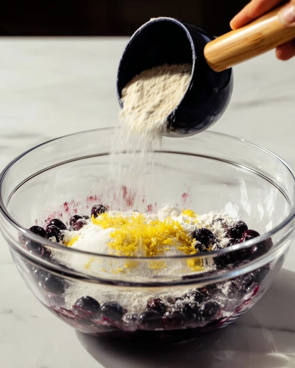 A clear glass mixing bowl sits on a white marbled surface, filled with three visible layers: at the bottom, a deep purple layer of blueberries; on top of that, a white layer of granulated sugar sprinkled unevenly; at the center, a small pile of bright yellow lemon zest. A black measuring cup with a wooden handle is held above the bowl by a woman's hand, pouring a white powder, likely flour, into the bowl, creating a dynamic motion effect. The lighting is soft and natural, highlighting the colors and textures clearly. photo taken with an iphone --ar 4:5 --v 7