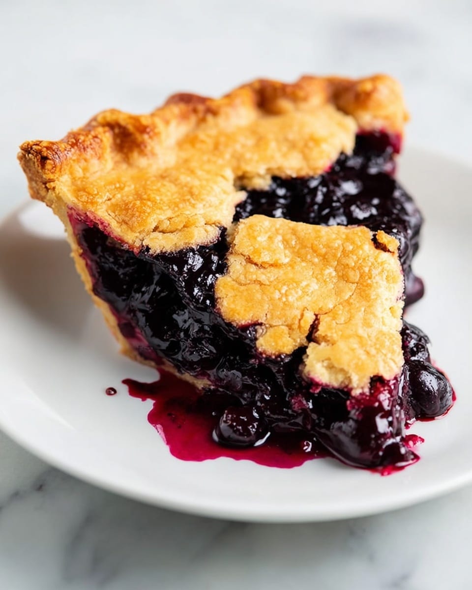 A slice of pie with three visible layers lies on a white plate placed on a white marbled surface. The bottom layer is a golden brown crust with a crumbly texture and slightly uneven edges. Above it is a thick, shiny dark purple filling made of whole berries that look soft and juicy, oozing slightly at the edges. The top layer is another golden crust, slightly cracked and flaky, covering part of the filling, leaving some dark filling exposed around the edges. A small portion of the filling has dripped onto the plate, adding a rich splash of deep purple color. Photo taken with an iphone --ar 4:5 --v 7