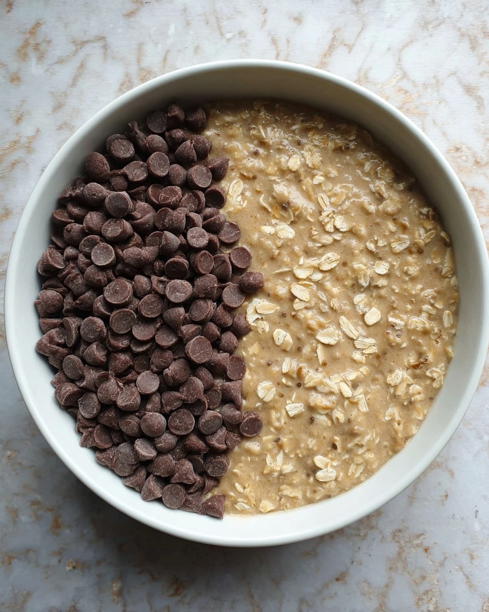 A white bowl filled with a thick, light brown oatmeal mixture with visible oat flakes throughout. On the left side inside the bowl, there is a large pile of small, round, dark brown chocolate chips sitting on top of the oatmeal, creating a strong contrast between the two textures and shades. The bowl rests on a white marbled surface. photo taken with an iphone --ar 4:5 --v 7