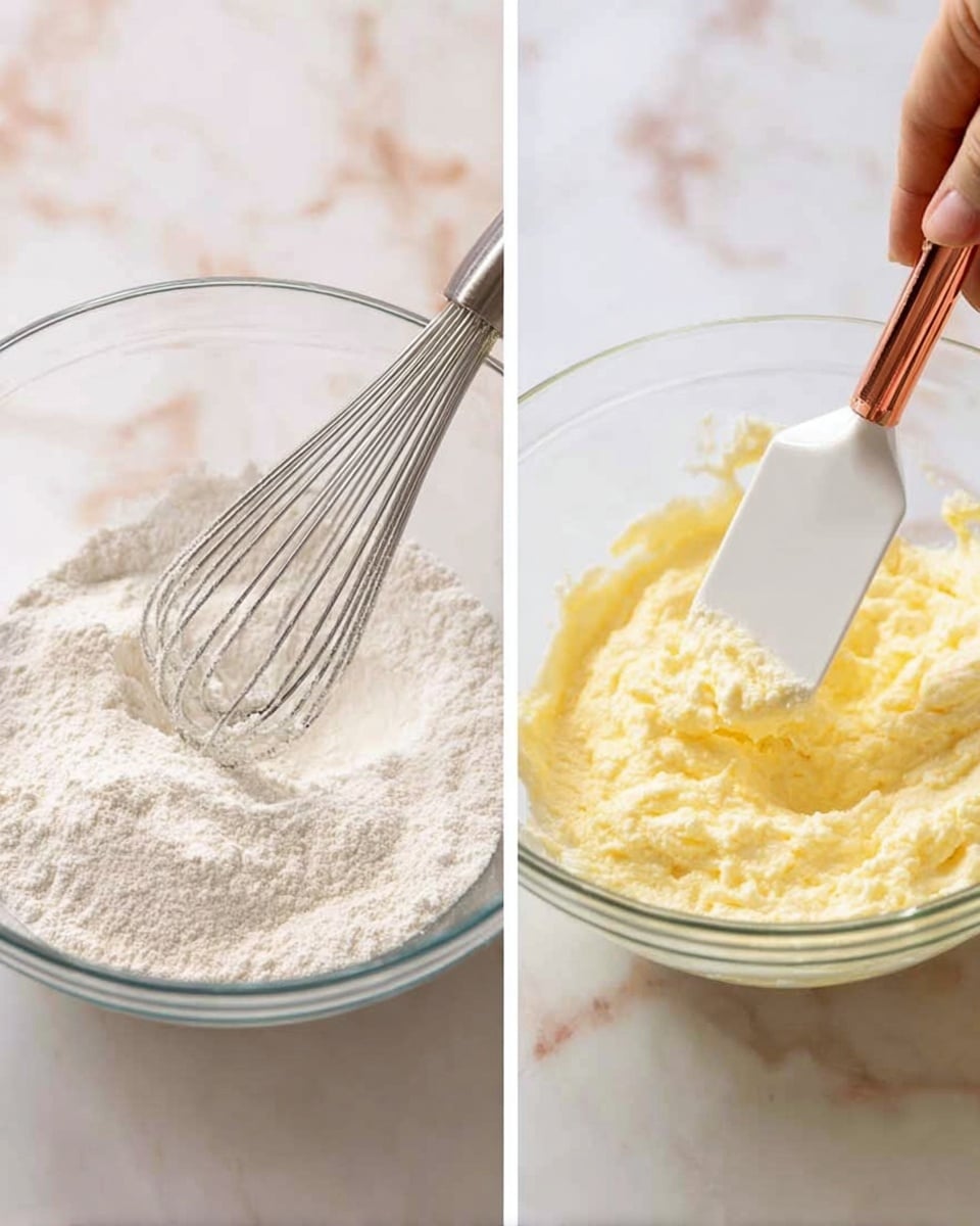The image shows two side-by-side close-up views of a clear glass bowl on a white marbled surface. On the left, a metal whisk is mixing a dry, fine white powder inside the bowl, with some powder forming a small mound near the center. On the right, a woman's hand holds a small white spatula with a copper handle, adding a thick off-white substance into the bowl, which already contains a creamy yellow mixture with a soft, fluffy texture. The background is softly blurred, focusing on the bowls and mixing action. photo taken with an iphone --ar 4:5 --v 7