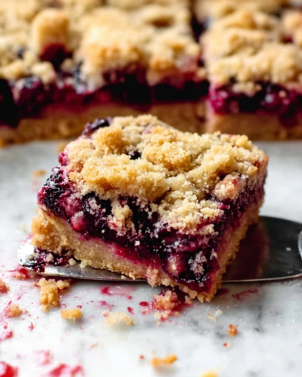 The image shows a close-up of a square berry crumble bar with three layers on a white marbled surface. The bottom layer is a thick, golden brown crust. The middle layer consists of dark purple and red mixed berries, oozing slightly around the sides. The top layer is a crumbly, golden streusel with a rough texture and small chunks, scattered unevenly. One piece is lifted slightly by a silver metal spatula, revealing the layers clearly. Crumbs and berry juice are visible around the bar on the white marbled surface. Photo taken with an iphone --ar 4:5 --v 7