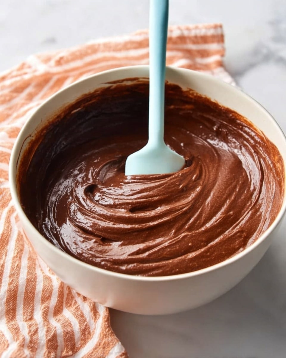 A thick, smooth chocolate batter fills a white bowl almost to the top, with visible swirls and soft folds created by a light blue spatula standing upright in the center. The rich, dark brown color spreads evenly inside the bowl, showing its creamy texture. In the background, a soft orange and white striped cloth is slightly blurred on a white marbled surface, adding a cozy atmosphere. Photo taken with an iphone --ar 4:5 --v 7