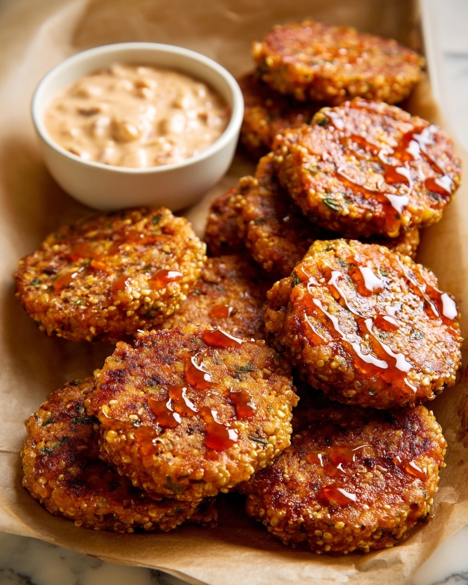 A white tray holds two layers of round, golden-brown patties with a textured surface of visible grains and herbs, glistening with a drizzle of sticky reddish sauce. The patties are stacked and spread unevenly, with crispy edges and a slightly rough, uneven texture. Behind the patties, there is a small white bowl filled with creamy, light-colored dipping sauce with small bits mixed in. The tray is lined with a sheet of brown parchment, and the background shows a white marbled texture. photo taken with an iphone --ar 4:5 --v 7