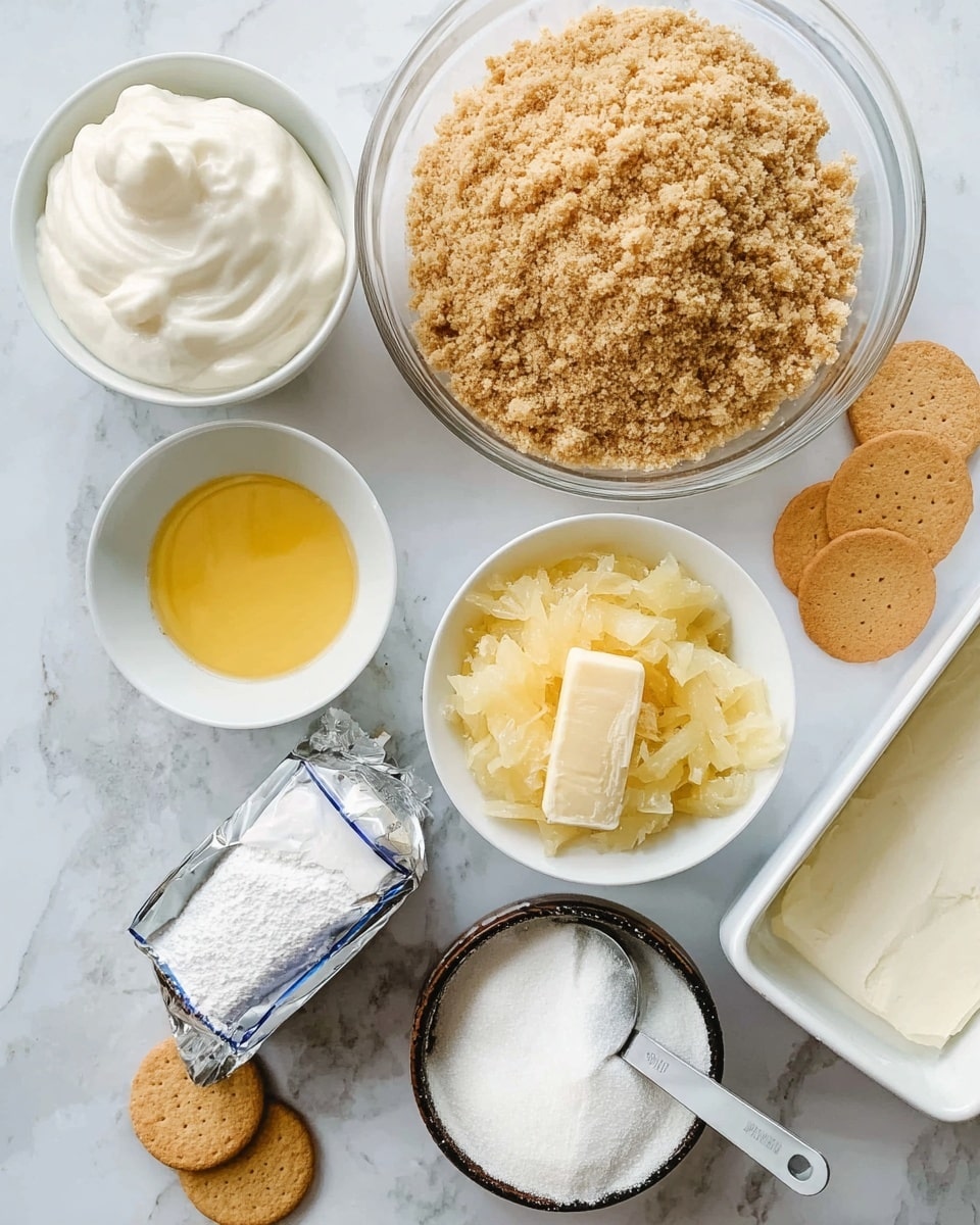 A top-down view shows several bowls and ingredients arranged on a white marbled surface. At the top right, a large clear glass bowl is filled with light brown crushed crackers or crumbs. To the left, a white bowl contains a smooth, white whipped cream-like layer. Below that is a small glass cup with melted yellow butter. At the bottom right, a white bowl holds shredded pale yellow pineapple pieces. Near the bottom center, a half-opened silver-wrapped stick of butter sits next to a dark-rimmed bowl filled with white powdered sugar, containing a metal measuring cup resting on top. Scattered around the ingredients are round, golden-brown vanilla wafer cookies. On the far right, a white rectangular baking dish is partly visible. photo taken with an iphone --ar 4:5 --v 7