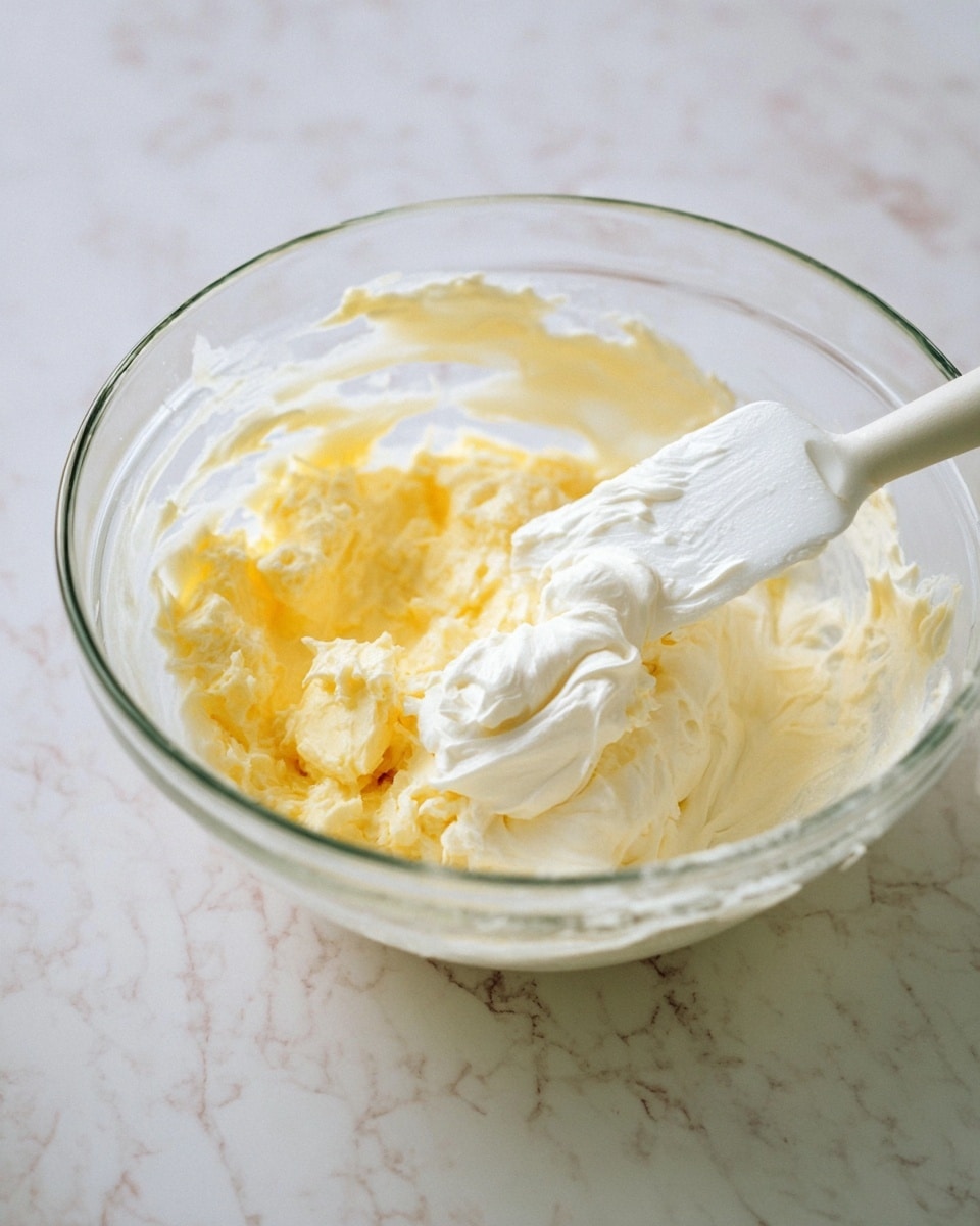 A clear glass bowl sits on a white marbled surface, containing two main layers being mixed together: a chunky pale yellow layer on the bottom with a soft, fluffy, creamy white layer on top, blending gently with a white spatula that has some texture on it from the creamy layer; the spatula is placed slightly tilted inside the bowl, lifting some of the cream, and the overall scene has soft natural light with a calm kitchen feel photo taken with an iphone --ar 4:5 --v 7