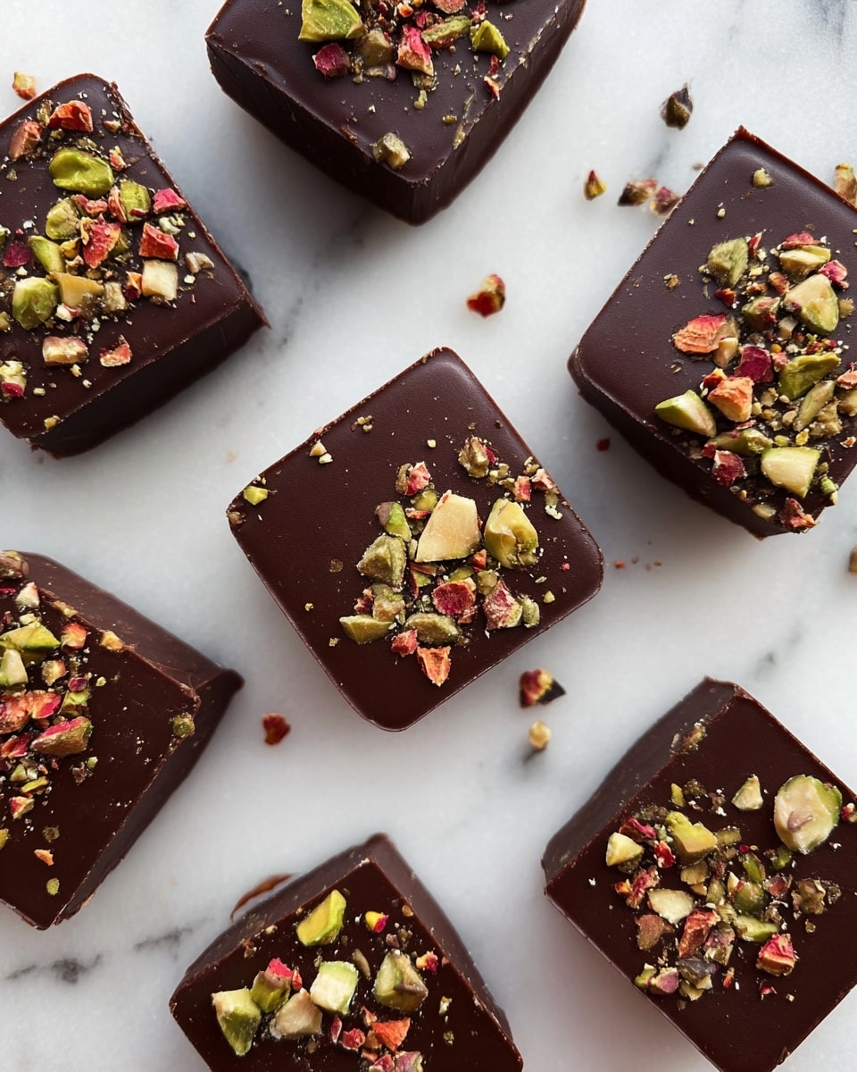 The image shows eight square-shaped dark chocolate pieces placed on a white marbled surface. Each piece has a smooth, glossy top layer of dark chocolate, sprinkled with small colorful bits of chopped nuts and dried fruits in shades of green, red, and light brown. The chocolate squares are evenly spaced, and their edges are neatly shaped with no crumbs around them. The photo captures the shiny texture of the chocolate and the rough, crunchy texture of the toppings on top. photo taken with an iphone --ar 4:5 --v 7