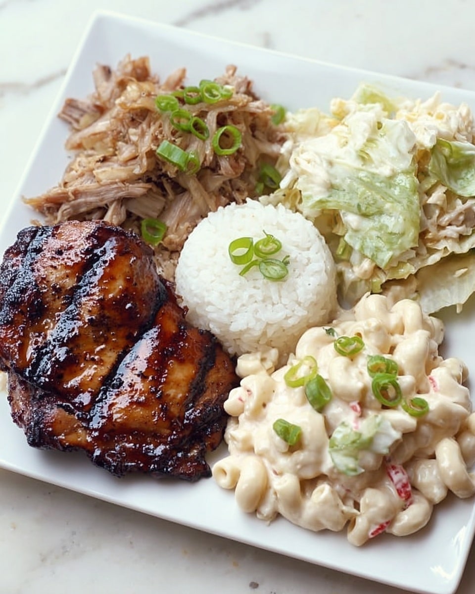 A white square plate with four sections of food on a white marbled surface, starting on the left with a dark brown grilled chicken thigh with char marks and a shiny glaze, next to it on the top is a mix of shredded light brown meat and pale green cabbage with some small green onion pieces on top, on the bottom middle is a round mound of plain white rice garnished with a few slices of green onion, and on the right side is creamy pale beige macaroni salad flecked with small bits of red and topped with some chopped green onions. Photo taken with an iphone --ar 4:5 --v 7