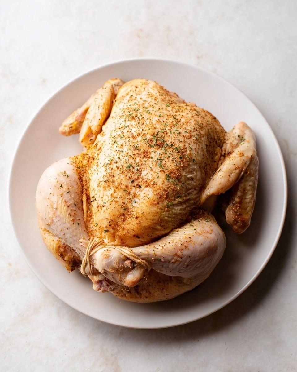 A whole raw chicken is placed in the center of a plain white plate. The chicken's skin is pale yellow with a light coating of brown seasoning and herbs spread evenly over the surface, mostly visible on the breast and legs. The chicken's legs are tied together with kitchen twine, and the wings rest naturally against the sides. The plate sits on a white marbled textured surface that gives a clean, bright background to the image. Photo taken with an iphone --ar 4:5 --v 7