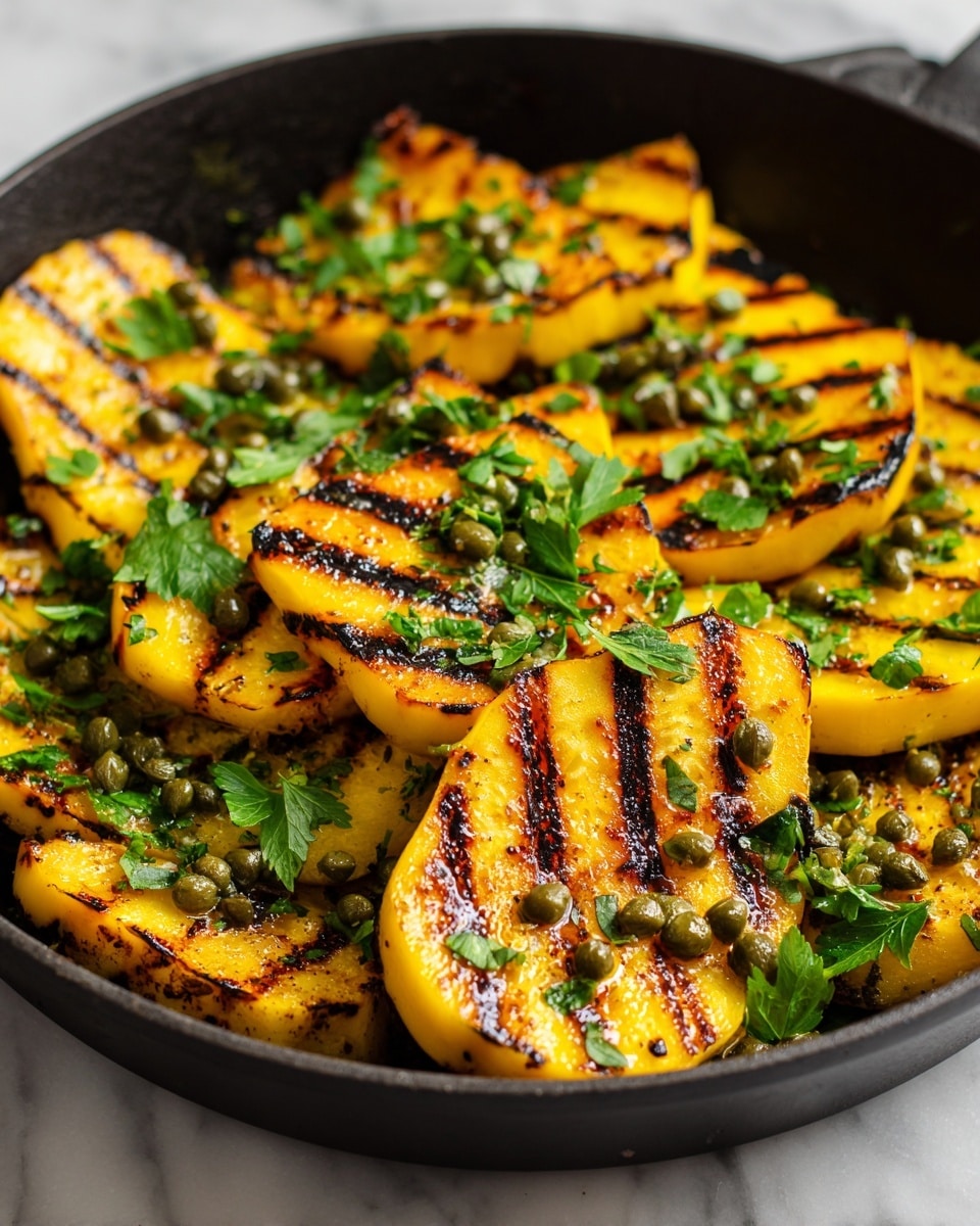 This image shows many grilled yellow zucchini wedges with brown grill marks arranged closely together. Each wedge has a crisscross pattern on the surface, giving a textured look. The zucchini pieces are topped with small green herb leaves and scattered dark green capers. The colors mainly include the bright yellow of the zucchini and the fresh green of the herbs, contrasting with the darker, grilled edges. The background is a white marbled texture. photo taken with an iphone --ar 4:5 --v 7