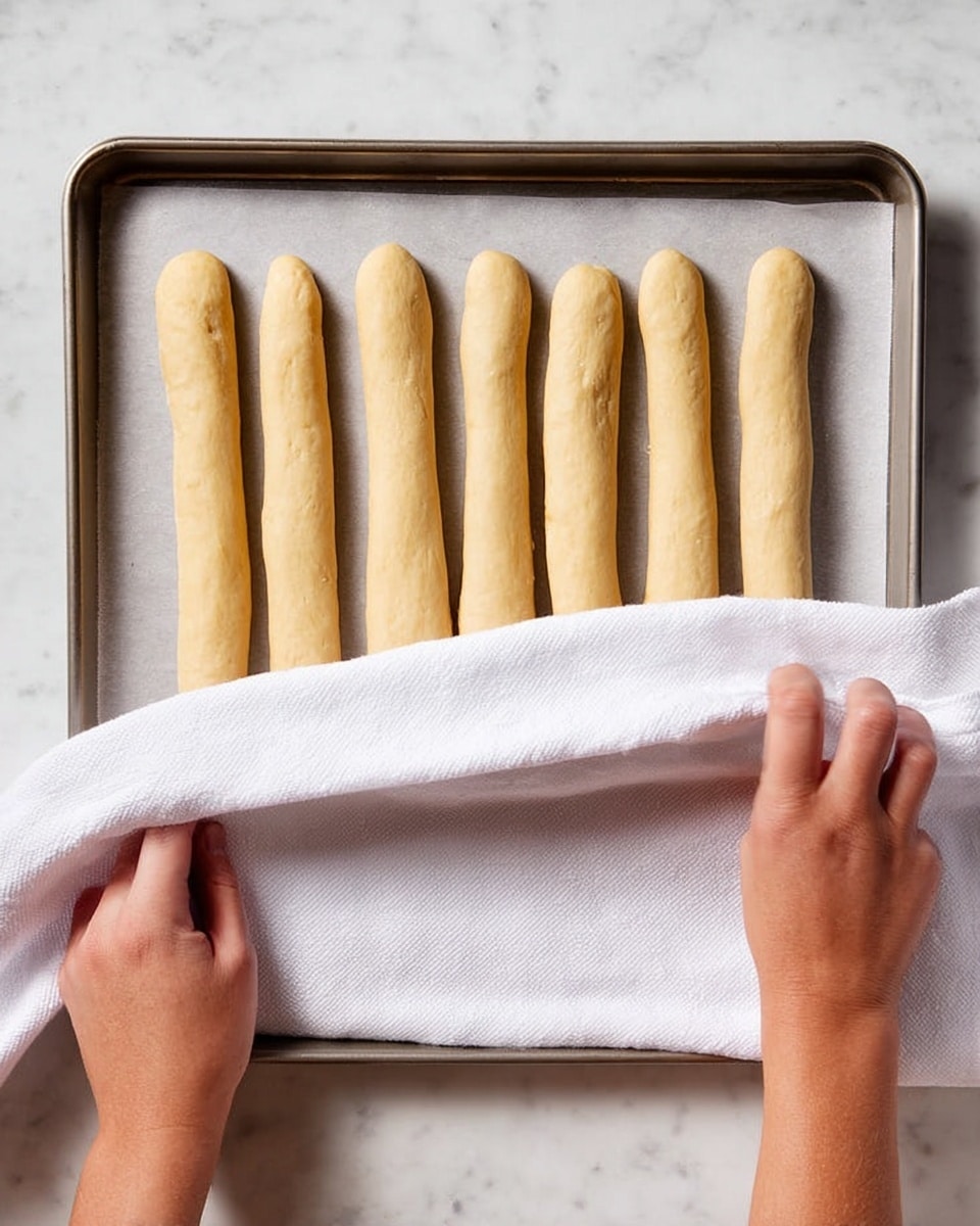 The image shows a metal tray lined with white parchment paper, holding six long, smooth, light beige dough sticks evenly spaced in a row. Two woman's hands are lifting a white cloth from the tray, revealing the dough sticks beneath. The background is a white marbled surface. photo taken with an iphone --ar 4:5 --v 7