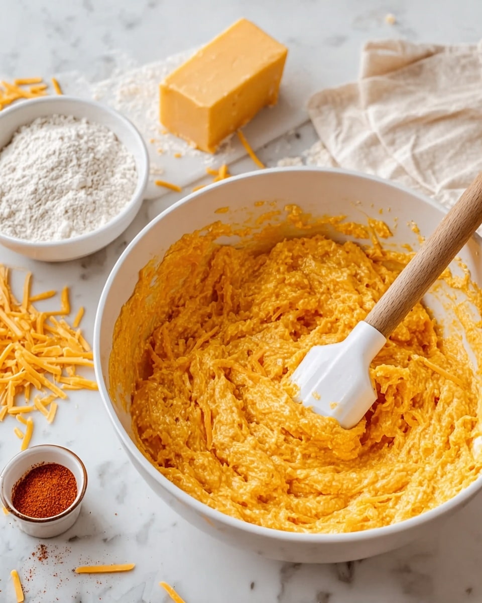 The image shows a large white bowl filled with a thick, orange-yellow mixture with shredded pieces throughout, being stirred by a spatula with a white silicone head and wooden handle resting inside the bowl. Around the bowl, there is a white small bowl filled with white flour, a block of orange cheddar cheese with some shredded cheese scattered on the white marbled surface, and a small white dish containing a reddish powder. The scene is bright and clean, with a focus on the textured, creamy mixture in the bowl. photo taken with an iphone --ar 4:5 --v 7