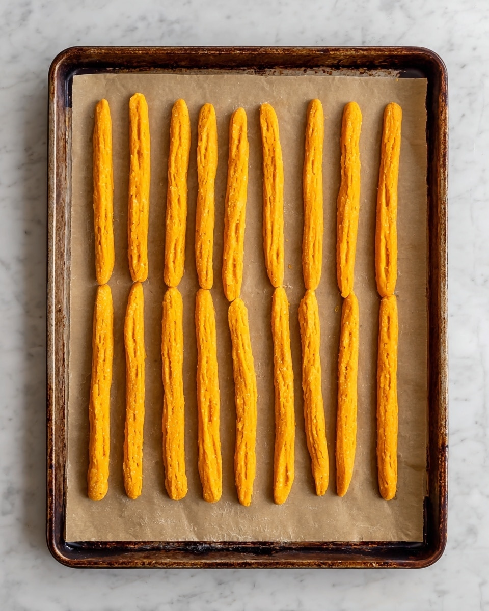The image shows a baking tray lined with light brown parchment paper, containing fourteen long, thin sticks of bright orange dough arranged in three rows. Each stick has a slightly rough texture with some visible lumps and ridges, showing a hand-formed pattern along the length. The baking tray has a dark, worn metal finish, and this is all placed on a white marbled surface. photo taken with an iphone --ar 4:5 --v 7